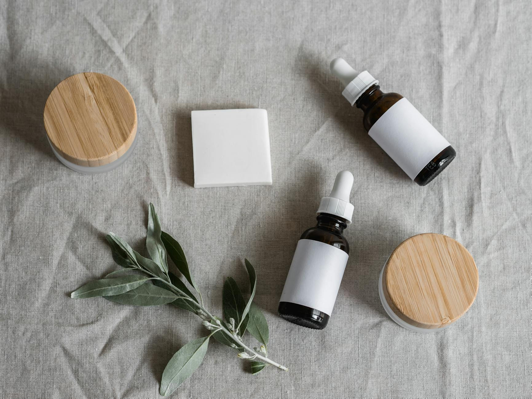 Top view of skincare products with a natural theme, featuring bottles, jars, and a plant on linen cloth. on Purely Polished