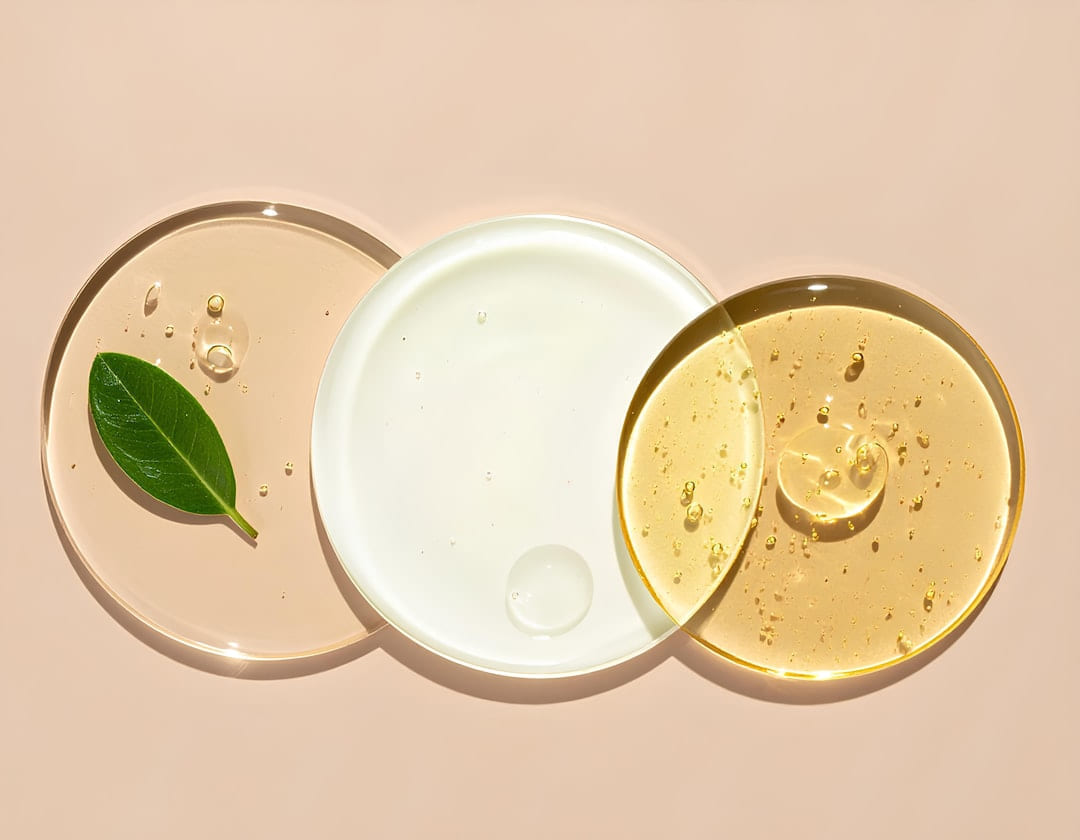 Cosmetic serums arranged on clear, circular plates. on Purely Polished